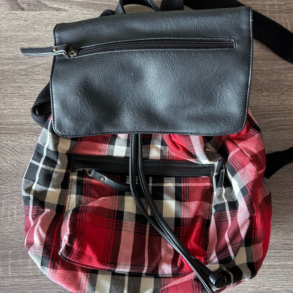 Plaid Backpack with Black Leather Flap